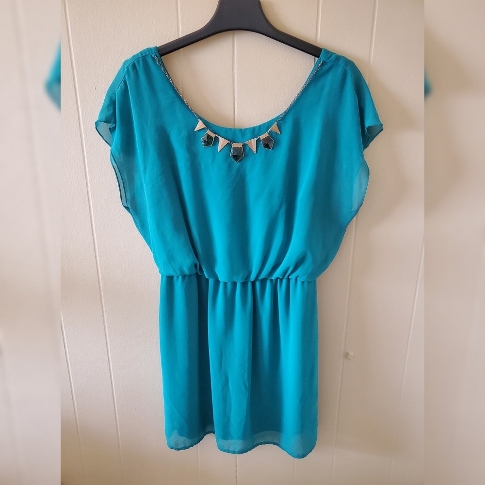 Teal City Triangles Dress and Necklace Set